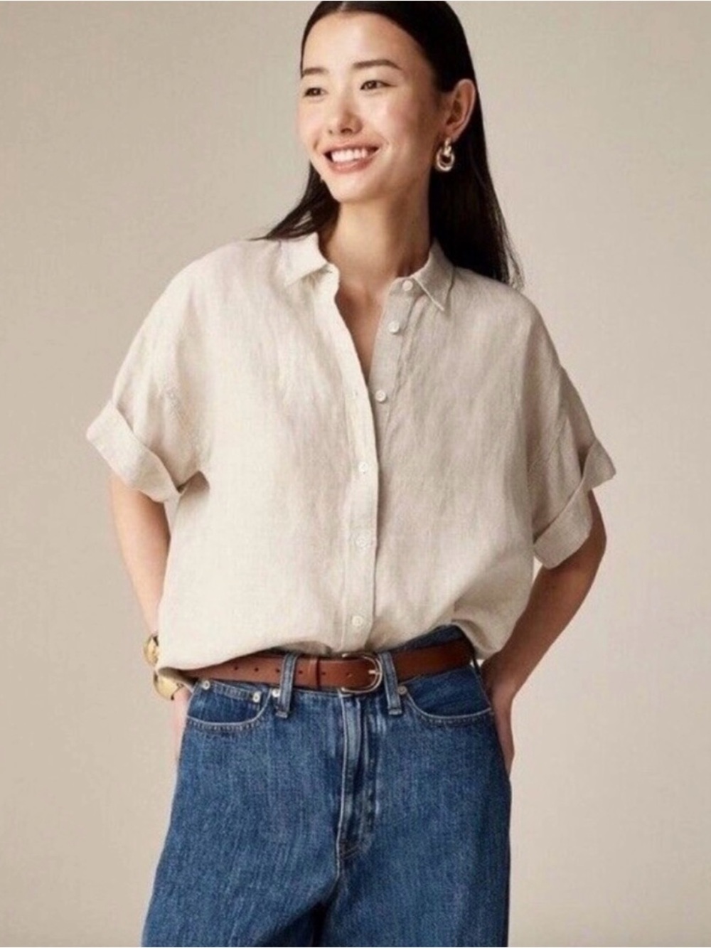 J.Crew Baird McNutt Irish Linen Relaxed Button Front Shirt Beige Size Large